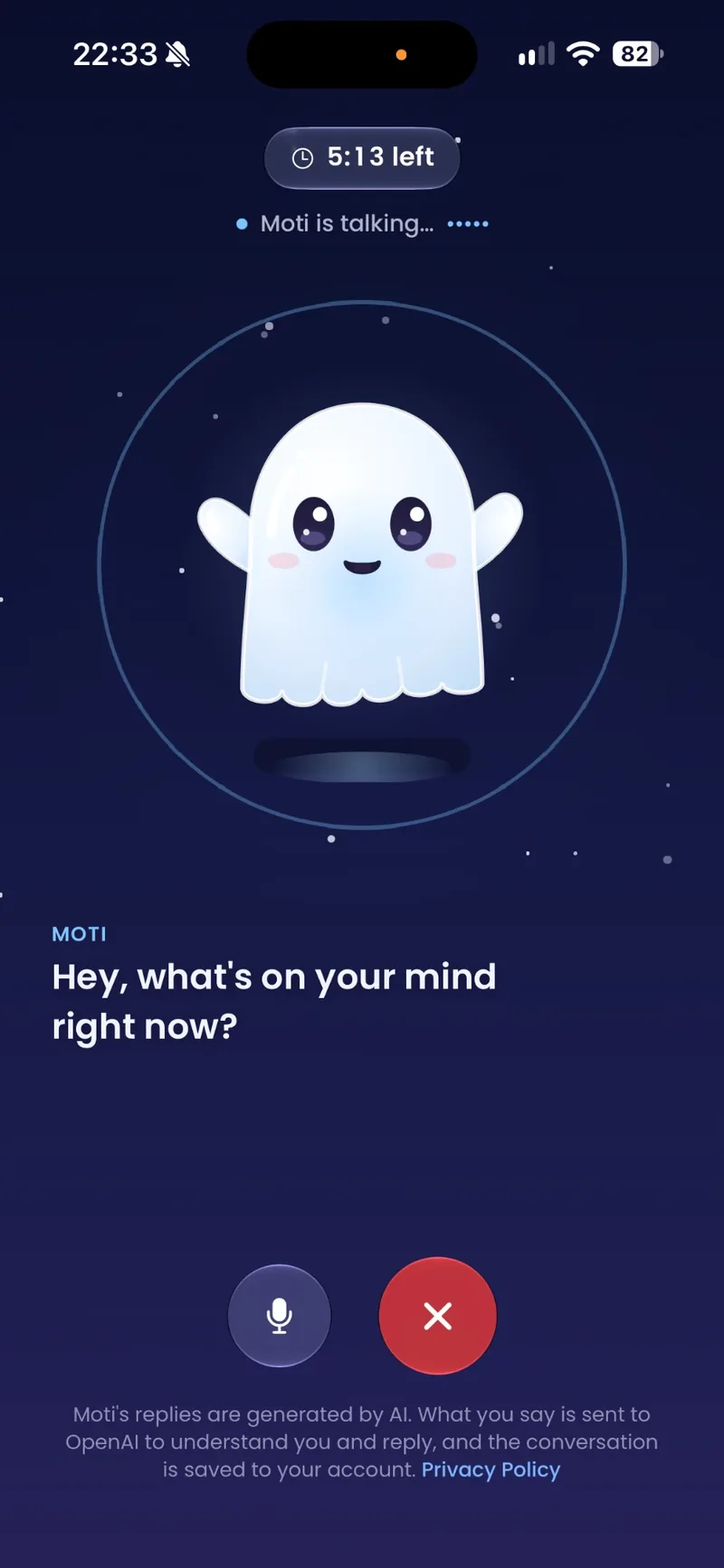 Moti's talk screen: the companion floats in a glowing ring and asks what is on your mind right now.